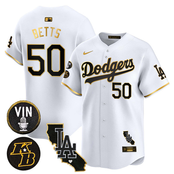 Men's Los Angeles Dodgers #50 Mookie Betts White Gold 2025 Vin & Kobe Patch Vapor Limited V2 Stitched Baseball Jersey Men's Los Angeles Dodgers #50 Mookie Betts White Gold 2025 Vin & Kobe Patch Vapor Limited V2 Stitched Baseball Jersey